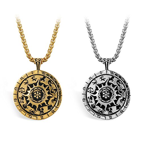 JewelryWe Schmuck 2pcs Herren Halskette, Edelstahl Retro Klasische Tierkreis Sternzeichen Kompass Anhänger mit 56cm Kette, Gold Silber von JewelryWe