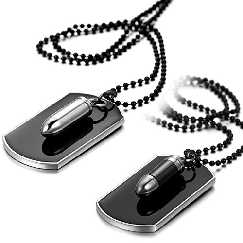 JewelryWe Schmuck 2pcs Herren Halskette, Gewehrkugel Geschoss Militärischen Erkennungsmarken Armee Stil Dog Tag Anhänger mit 70cm Kette, Schwarz Silber von JewelryWe