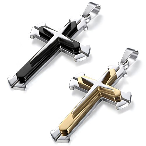 JewelryWe Schmuck 2pcs Herren Halskette Edelstahl Retro Kruzifix Kreuz Anhänger mit 55cm Kette Geschenk Silber Schwarz Gold von JewelryWe