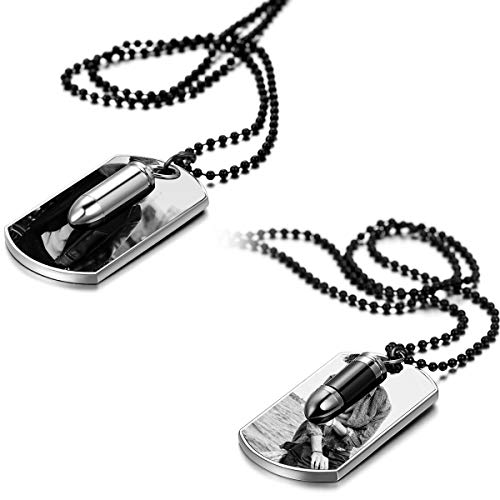 JewelryWe Schmuck 2pcs Herren Halskette mit persönlicher FOTOGRAVUR | Bild & Text Wunsch-gravur, Patronenhülse Militärischen Erkennungsmarken Armee Stil Dog Tag Anhänger mit 70cm Kette, Schwarz Silber von JewelryWe