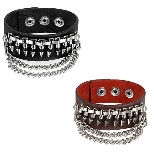 JewelryWe Schmuck 2pcs Herren Lederarmband, Punk Rock Spike Spitze Breit Leder Armband Armreif verstellbare Manschette Mir Ketten, Schwarz/Braun von JewelryWe