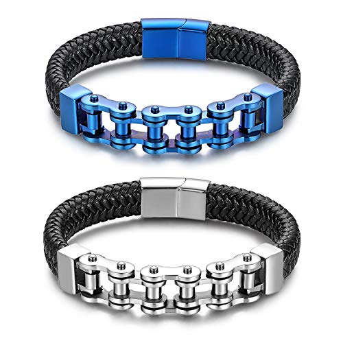 JewelryWe Schmuck 2pcs Herren Lederarmband Edelstahl Fahrradkette Motorradkette Geflochten Leder Armband Armreif Blau Silber Schwarz von JewelryWe