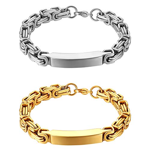 JewelryWe Schmuck 2pcs Herren Armband mit Königkette, Personalisierte Edelstahl Byzantinisch Kette Armreif Armspange mit Gravur Geschenk für Männer von JewelryWe