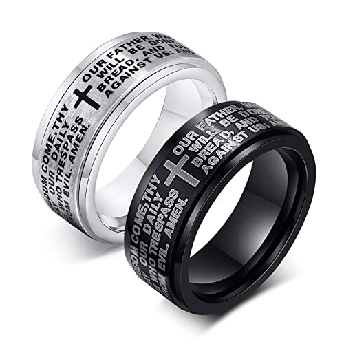 JewelryWe Schmuck 2pcs Fidget Angst Ringe Herren Edelstahl Bibel Gebet Kreuz Anti-Angst Spinner Ring Drehringe Roller Bandringe Stressabbauende Band Gravur Schwarz Silber Größe 54 von JewelryWe