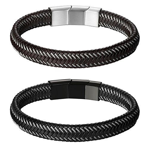 JewelryWe Schmuck 2pcs Jazz Herren Reines Leder Armband Edelstahl Magnetverschluss Größe einstellbar 8,2 "-8,7" (21-22cm) mit Kostenloser Geschenkpackung, Schwarz Silber von JewelryWe