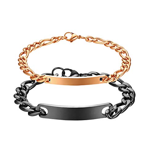 JewelryWe Valentinstag Schmuck 2pcs Pärchen Armband, Edelstahl Poliert Figarokette Partnerarmband Freundschaftsarmband Paar Armkette Armreif für Herren Damen, Schwarz Rosegold von JewelryWe