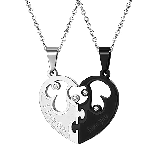 JewelryWe Schmuck 2pcs Pärchen Halskette mit I Love You Herz Puzzle Partner Anhänger Edelstahl Freundschaftskette Valentinstag Paar Kette Geschenk für Herren Damen, Schwarz Silber von JewelryWe