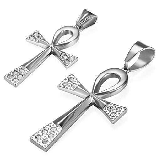 JewelryWe Schmuck 2pcs Partneranhänger Partnerkette Edelstahl Strass Ägyptische Ankh Kreuz Amulett Anhänger mit 55cm Kette Halskette Geschenk für Herren Damen Silber von JewelryWe