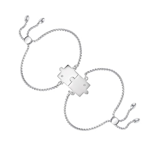 JewelryWe Schmuck 2pcs Personalisiert Pärchen Armband Edelstahl Puzzle Paar Armbänder mit Gravur Freundschaftsarmband Partnerarmband Valentinstag BFF Armreif Armkette Geschenk für Herren Damen, Silber von JewelryWe