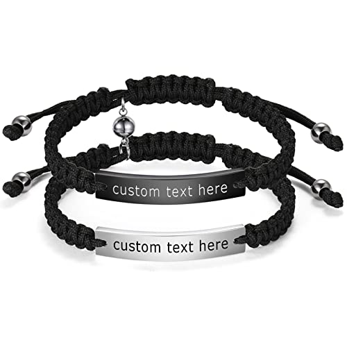 JewelryWe Schmuck 2pcs Personalisierte Pärchen Armband Lederarmband mit Gravur Magnet Kugel Edelstahl Leder geflochten Partnerarmband Freundschaftsarmband Paar Armreifen Verstellbar, Schwarz Silber von JewelryWe