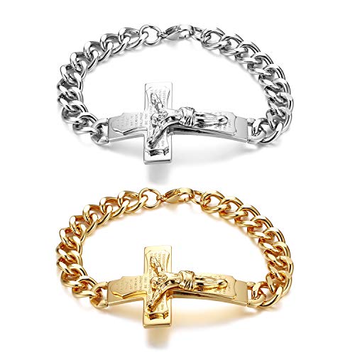 JewelryWe Schmuck 2pcs Retro Herren Armband Edelstahl Kreuz Rood Jesus Kruzifix Bibel Gebet Englisch Panzerarmband Panzerkette Armkette Silber Gold Ostern Geschenk von JewelryWe