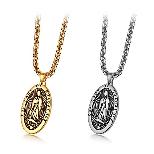 JewelryWe Schmuck 2pcs Retro Herren Halskette Edelstahl Heilig Jungfrau Maria Kreuz Religiöse Oval Medaille Anhänger mit 22 Zoll Kette Silber Gold von JewelryWe