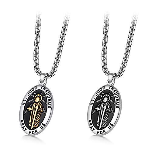 JewelryWe Heiliger Judas Halskette Herren: 2 Stück Edelstahl Saint Judas Thaddäus Ovale Medaille Anhänger Kette Christliche Katholische Gebetsschmuck Religiöse Schmuck für Männer Frauen von JewelryWe