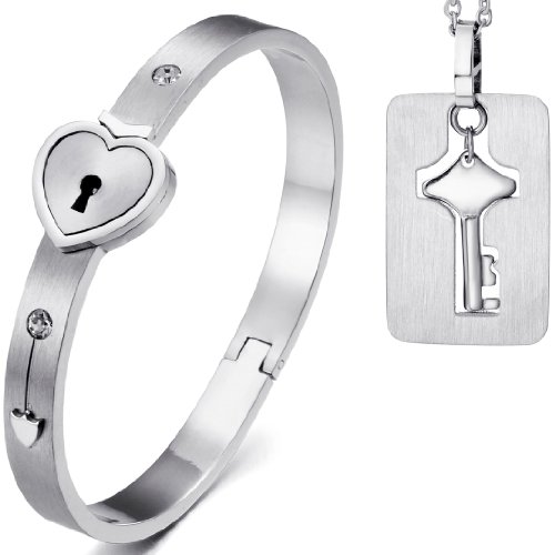 JewelryWe Schmuck 2tlg Edelstahl Silber Herz Sperren Armband Armreif & Schlüssel Hundemarke Anhänger Halskette Kette Set JewelryWe Schmuck 2tlg Edelstahl Silber Herz Sperren Armband Armreif & Schlüssel Hundemarke Anhänger Halskette Kette Set von JewelryWe