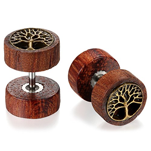 JewelryWe Schmuck 2x 10mm Holz Ohrstecker Fake Tunnel Plug Cheater Illusion Tunnel Barbell Stud Ohrringe Baum des Lebens Unisex Retro Punk Gauge 00G Look von JewelryWe