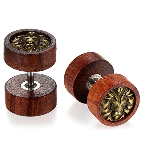 JewelryWe Schmuck 2x 10mm Holz Ohrstecker Fake Tunnel Plug Cheater Illusion Tunnel Barbell Stud Ohrringe Löwe Löwenkopf Unisex Retro Punk Gauge 00G Look von JewelryWe