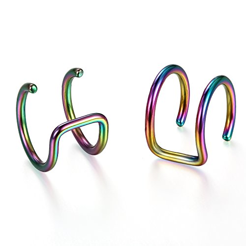 JewelryWe Fake Nasenpiercing Nasenring Edelstahl: 2X Damen Herren Fake Nose Ring Septum Non-Piercing Ohrclips Knorpel Ohrringe Ohrklemme Piercings Mehrfarbig von JewelryWe