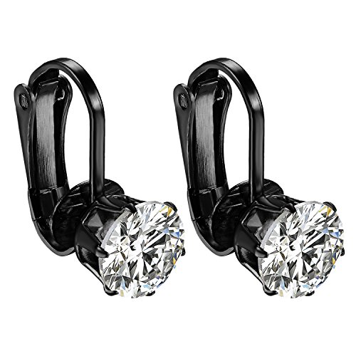 JewelryWe Damen Ohrclips Ohrklemmen mit Zirkonia: Schwarz Edelstahl Runde Zirkonia Non-Piercing Ohrklammern Clip-On Ohrringe Elegant Fake Piercing Ohrstecker Ohne Ohrloch Schmuck für Frau Mädchen von JewelryWe