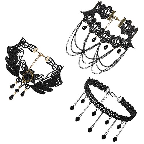 JewelryWe Schmuck 3 PCS Choker Halsband Halskette Set Schwarz Stretch Samt Classic Gothic Quasten Tattoo Spitze Choker Halsketten Ketten für Damen Mädchen von JewelryWe