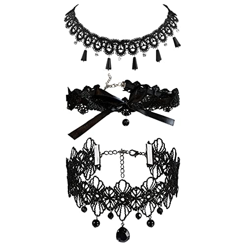 JewelryWe Schmuck 3 PCS Choker Halskette Set Schwarz Spitze Kette Stretch Samt Gothic Blumen Bogenknoten Quasten Tattoo Halsband Geschenke für Damen Mädchen von JewelryWe