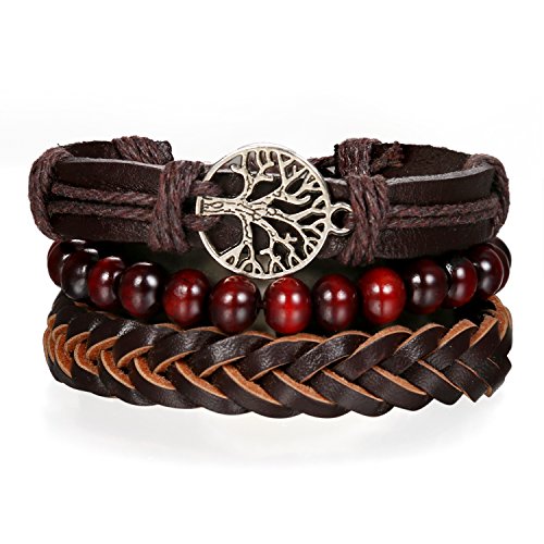 JewelryWe Schmuck 3 PCS Unisex Armband, Retro Baum des Lebens geflochten Lederarmband Holz Mala Armband Gebet Buddhistisch Tibetisch Gebetskette Armreif für Damen Herren von JewelryWe