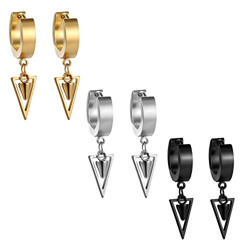 JewelryWe Schmuck 3 Paar Damen Herren Creolen Ohrringe Edelstahl Geometrisches Dreieck Huggie Kreolen Ohrstecker Ohrhänger, Silber Gold Schwarz von JewelryWe