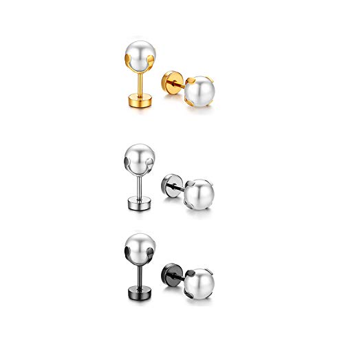 JewelryWe Damen Ohrstecker Perlen Ohrringe: 3 Paar Edelstahl Imitation Perlen Kugel Fakeplug Fake Plug Tunnel Ohrringe Schraube Helix Tragus Ohr Piercings 6mm Schwarz Gold Silber von JewelryWe