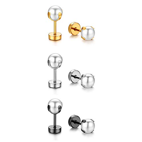 JewelryWe Perlen Ohrstecker Damen Ohrringe: 3 Paar Edelstahl Imitation Perlen Kugel Tunnel Ohrringe Fake Plug Ohrstecker Ohrpiercing Schraube Helix Tragus Piercings für Frauen 8mm Schwarz Gold Silber von JewelryWe