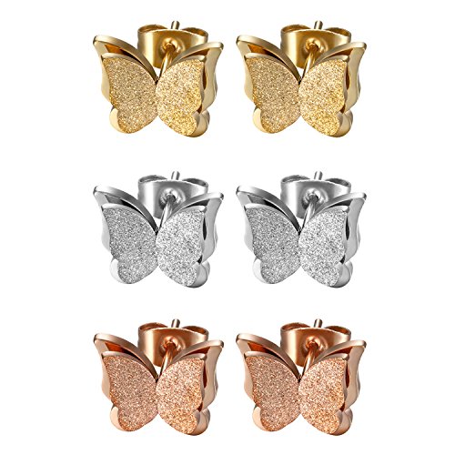 JewelryWe Schmetterling Ohrstecker Ohrringe Damen: 3 Paar Edelstahl sandgestrahlt Doppelflügel Gestüt Ohrringe Zarte Butterfly Stecker mit matter Oberfläche Elegant Schmuck für Frau Mädchen von JewelryWe