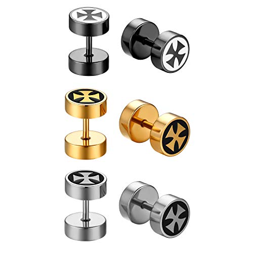 JewelryWe Schmuck 3 Paar Fake Plug Ohrstecker Edelstahl Eisernes Kreuz EK Fakeplug Tunnel Ohrringe Ohr-Piercing für Herren Damen Silber Gold Schwarz von JewelryWe