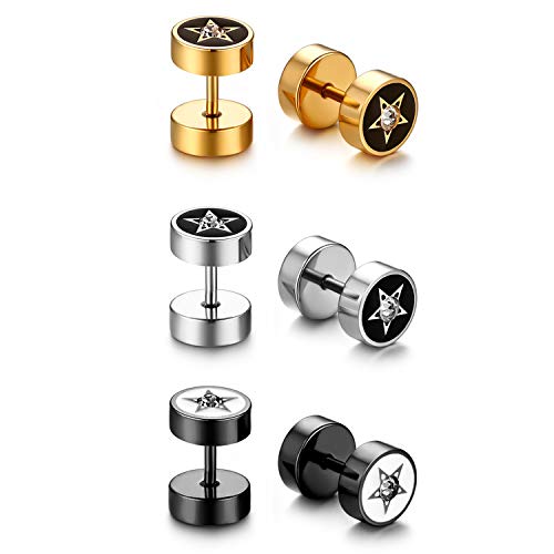 JewelryWe Stern Fake Plug Ohrstecker: 3 Paar Edelstahl Pentagramm Kreis Schraube Ohrringe Set mit Strass Emaille Fake Piercing Plugs Ohr Cheater Tunnel Gauges Ohrschmuck Geschenk Herren Damen von JewelryWe
