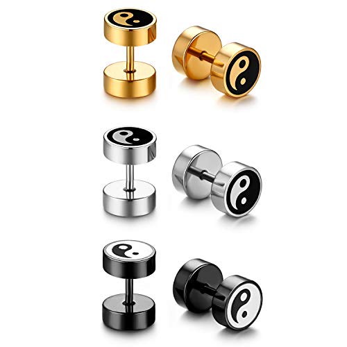 JewelryWe Schmuck 3 Paar Fake Plug Ohrstecker Edelstahl Tai Chi Yin Yang Fakeplug Tunnel Ohrringe Ohr-Piercing für Herren Damen Silber Gold Schwarz von JewelryWe