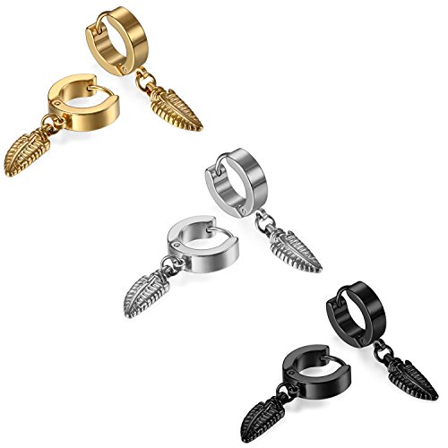 JewelryWe Feder Ohrringe Creolen Edelstahl: 3 Paar Herren Damen Huggie Klappcreolen Ohr Manschette Ohrstecker Ohrhänger mit Feder Blatt Laub Anhänger Hängende Ohrringe Unisex Silber Gold Schwarz von JewelryWe