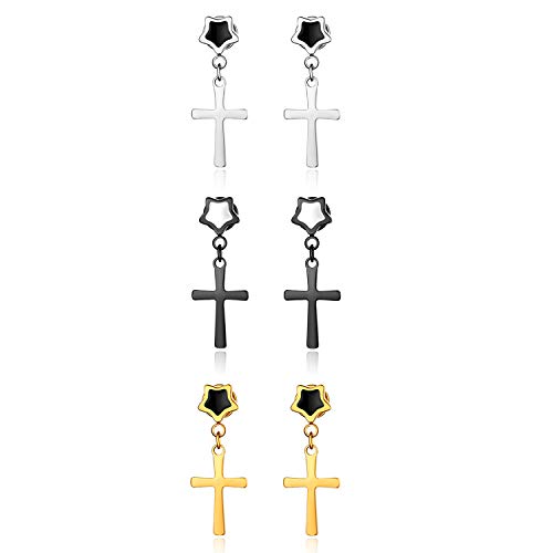 JewelryWe Schmuck 3 Paar Herren Damen Ohrringe Edelstahl Stern Pentagon Fakeplug Fake Plug Ohrstecker Ohr-Piercing Ohrhänger mit Kreuz Anhänger Silber Gold Schwarz von JewelryWe