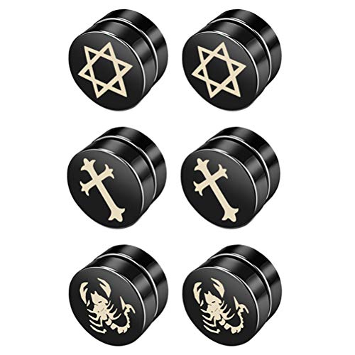 JewelryWe Schmuck 3 Paar Magnet Ohrringe Set Edelstahl Rund Fake Plug Magnetische Ohrstecker für Herren Damen Ohr Clips Tunnel Non-Piercing Hip Hop Punk Davidstern Kreuz Skorpion Schwarz 10MM von JewelryWe