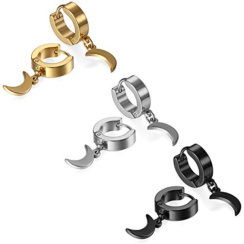 JewelryWe Schmuck 3 Paare Herren Ohrringe Creolen, Edelstahl Huggie Hoop Klappcreolen Ohrpiercing Ohrhänger Ohrstecker mit Mond Anhänger Geschenk für Männer Damen Silber Gold Schwarz von JewelryWe