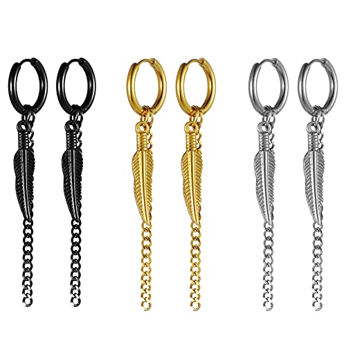 JewelryWe Schmuck 3 Paar Ohrringe Set Creolen mit Feder Blatt und lange Kette Anhänger Edelstahl Hängend Ohrhänger Huggie Ohrstecker Geschenke für Herren Damen Schwarz Gold Silber von JewelryWe