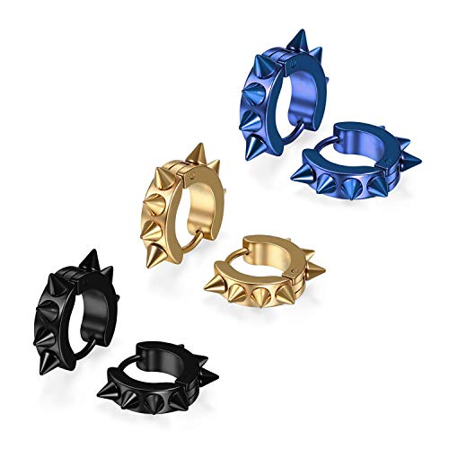 JewelryWe Schmuck 3 Paar Punk Creolen Ohrringe, Edelstahl Spike Spitzen Nieten Hip-Hop Huggie Hoop Klappcreolen Plug Piercing Clip Ohrstecker Gothic Gold Schwarz Blau von JewelryWe