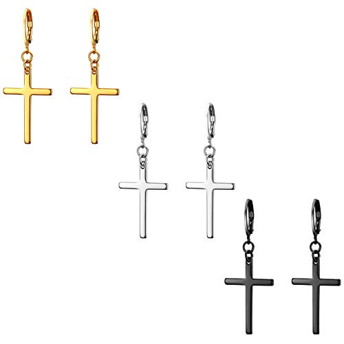 JewelryWe Creolen Ohrringe mit Kreuz Anhänger: 3 Paar Set Edelstahl Klassisch Creolen Huggie Ohrringe mit Baumelnde Kreuz Ohrstecker Ohrhänger Ohr-Piercing für Herren Damen, Schwarz Gold Silber von JewelryWe