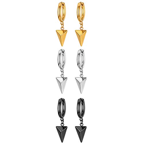 JewelryWe Schmuck 3 Paare Baumelnde Dreieck Pyramide Creolen für Herren Damen, Edelstahl Huggie Ohr Manschette Ohrringe, Gold Schwarz Silber von JewelryWe