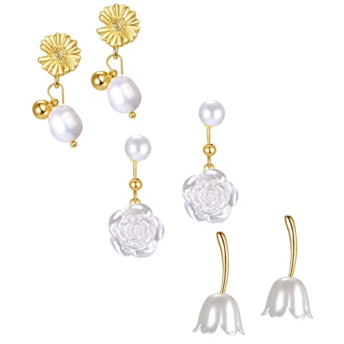 JewelryWe Schmuck 3 Paare Blumen Ohrringe Set Damen Elegant Kamelien Gänseblümchen Tulpe Süßwasser-Perlen Ohrstecker Baumeln Statement Ohrringe Ohrhänger, Gold Weiß von JewelryWe