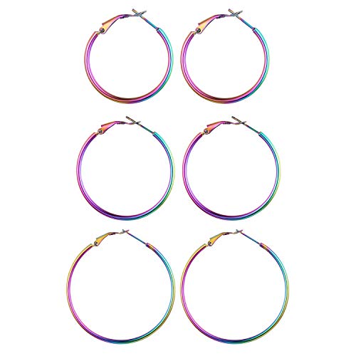 JewelryWe Schmuck 3 Paare Creolen Damen Edelstahl Hochglanz Poliert Große Ring Ohrringe Ohrhänger Ohrstecker Ohr-Piercings für Frauen Mädchen Bunt Mehrfarbig - Durchmesser: 30 40 45 mm von JewelryWe