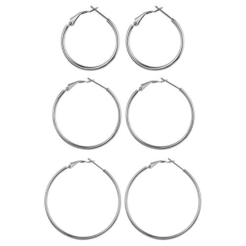 JewelryWe Schmuck 3 Paare Creolen Damen Edelstahl Hochglanz Poliert Große Ring Ohrringe Ohrhänger Ohrstecker Ohr-Piercings für Frauen Mädchen Silber - Durchmesser: 30 40 45 mm von JewelryWe