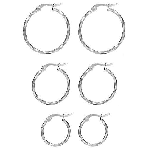 JewelryWe Schmuck 3 Paare Creolen Ohrringe Damen Edelstahl Twisted Rund Hängend Huggie Creole Silber Durchmesser 15mm/20mm/25mm von JewelryWe