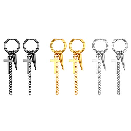 JewelryWe Schmuck 3 Paare Creolen mit Kreuz, Spike und Lange Kette Edelstahl Ohrringe Ohrrhänger Klapp-Creolen Ohrstecker für Herren Damen Silber/Gold/Schwarz von JewelryWe