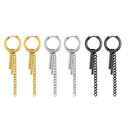 JewelryWe Schmuck 3 Paare Creolen mit Lange Kette und Doppelt Baumelnde Zylinder Edelstahl Ohrringe Ohrrhänger Klapp-Creolen Ohrstecker für Herren Damen Silber/Gold/Schwarz von JewelryWe