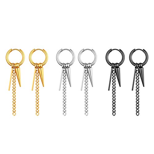 JewelryWe Schmuck 3 Paare Creolen mit Spike, Lange Kette und Baumelnde Kegel Bar Edelstahl Ohrringe Ohrrhänger Klapp-Creolen Ohrstecker für Herren Damen Silber/Gold/Schwarz von JewelryWe