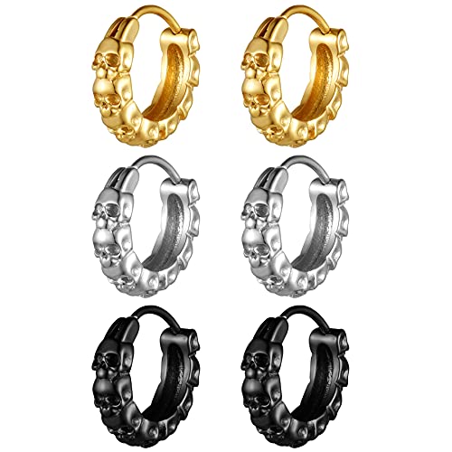 JewelryWe Schmuck 3 Paare Damen Creolen Herren mit Totenkopf Schädel Edelstahl Kreis Ohrringe Ohrstecker Silber Gold Schwarz Halloween Geschenk von JewelryWe