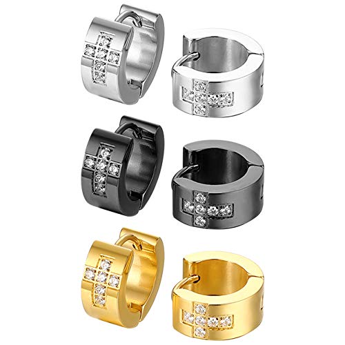 JewelryWe Schmuck 3 Paare Damen Creolen mit Zirkonia, Breit Edelstahl Kreuz Kreis Ohrringe Ohrstecker Ohrclips Muttertag Geschenk von JewelryWe