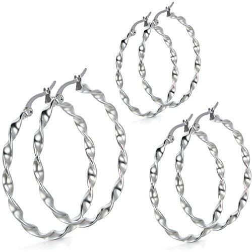 JewelryWe Schmuck 3 Paare Damen Ohrringe Set, Edelstahl große verdreht Kreis Creolen Ohrstecker Ohrhänger Geschenke für Frauen Mädchen, Silber 30 35 40mm von JewelryWe
